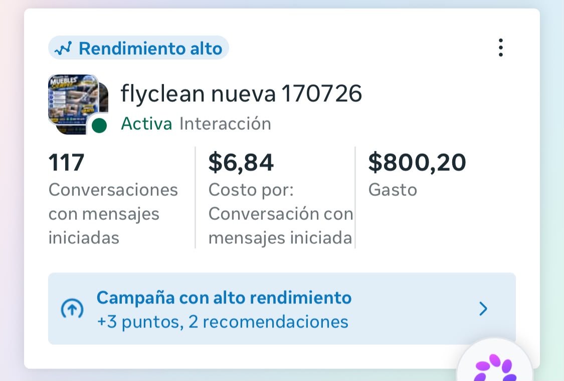 Resultados reales de campaña de Meta Ads para Fly Clean LM: 117 conversaciones a $6.84 MXN cada una